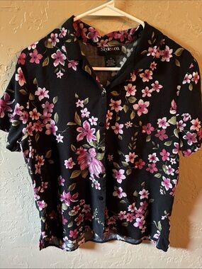 Style & Co. Black Button-Up Floral Shirt with Pink Blooms